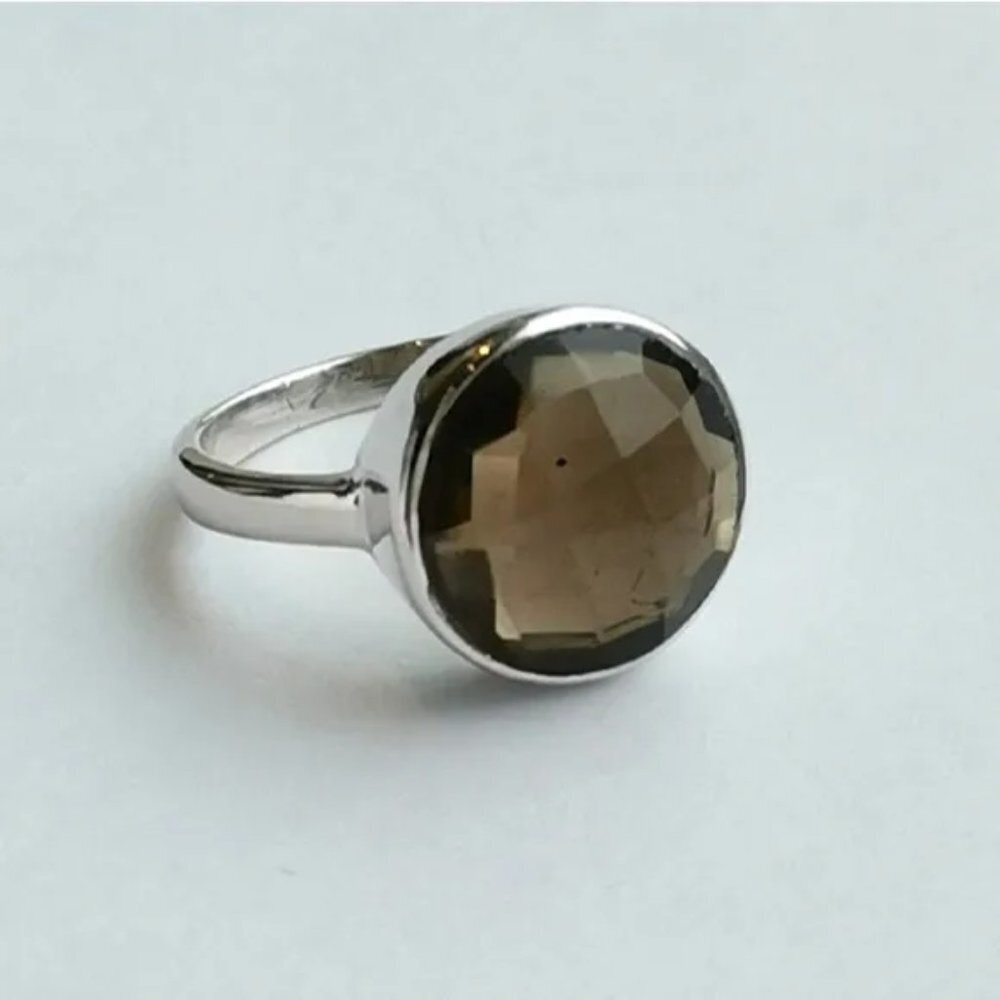 Sterling silver checkerboard cut Smokey Topaz Smoky Quartz ring - Picture 2 of 6
